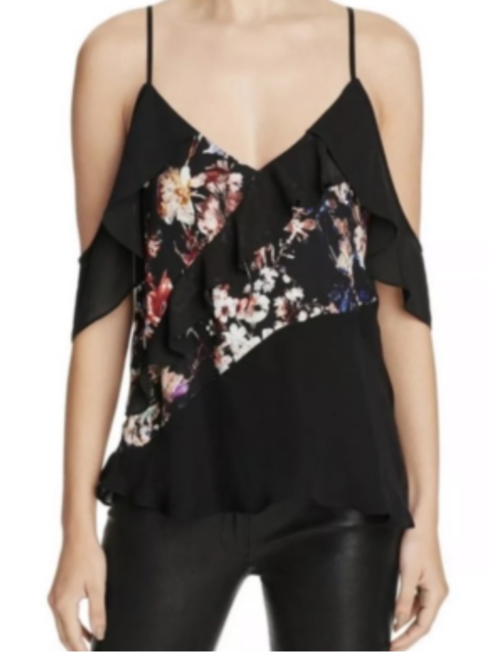 Parker Wesley Black Floral Ruffle Cold-Shoulder Cami Top